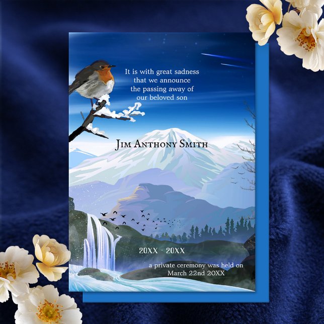 Faire-part ou Invitation du mémorial de la mort d' (Memorial or child death announcement card with a robin overlooking the mountains and waterfall)