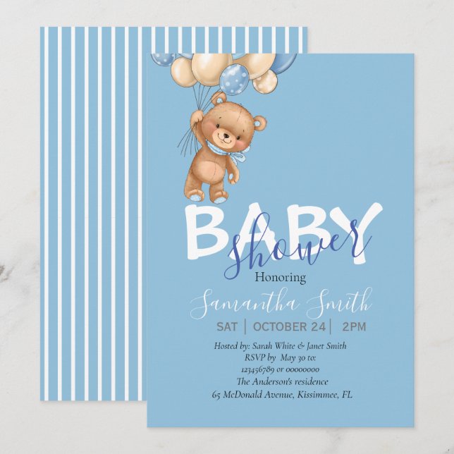 Faire-part Ours en peluche, bleu Ballons Baby shower Invitati (Devant / Derrière)
