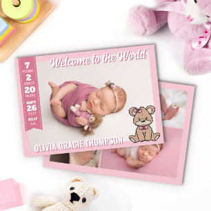 Faire-part Ours en Teddy rose Bienvenue dans le monde Baby Gi