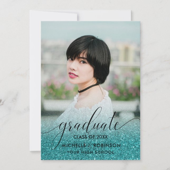 Faire-part Parties scintillant Turquoise moderne Ombre Girly  (Devant)