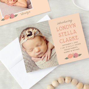 Faire-part Peach Rustic Fall Floral Baby Girl Photo Birth