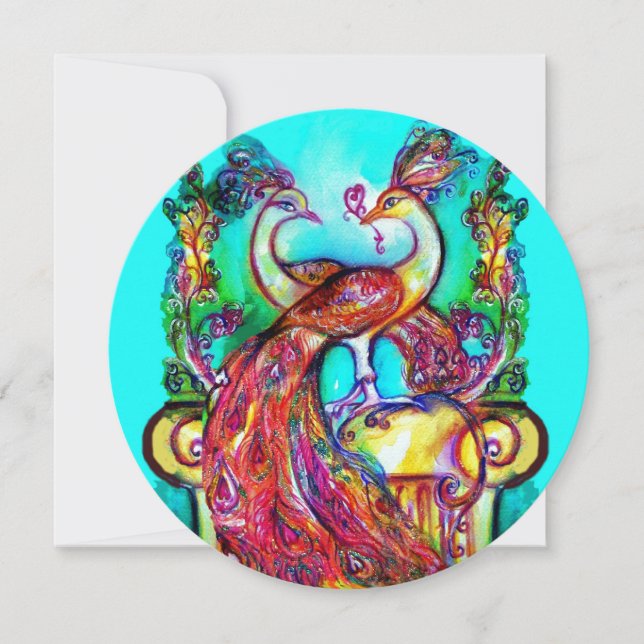 Faire-part PEACOCKS EN AMOUR Bleu Rouge Turquoise Vert Rond (Devant)
