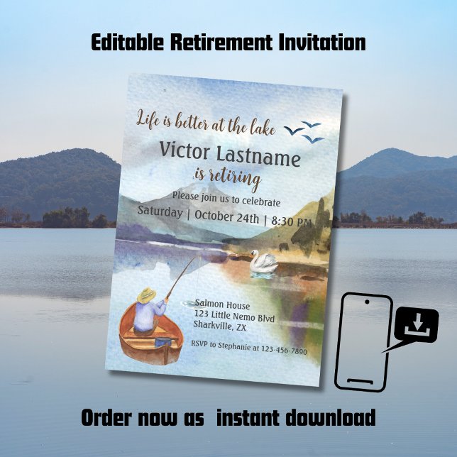 Faire-part Pêche à la retraite à l'aquarelle du lac (Créateur téléchargé)