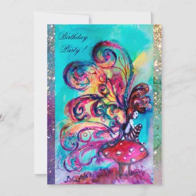 Faire-part PETIT ELF DE CHAMPIGNONS, rose jaune bleu scintill (Devant)