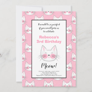 Faire-part Petites filles 3e anniversaire fête Pink Kitty Cat