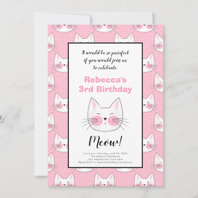Faire-part Petites filles 3e anniversaire fête Pink Kitty Cat (Devant)