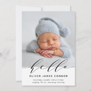 Faire-part PHOTO BÉBÉ MODERNE élégante hello calligraphie hau