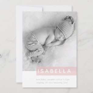Faire-part PHOTO BÉBÉ MODERNE simple fille rose