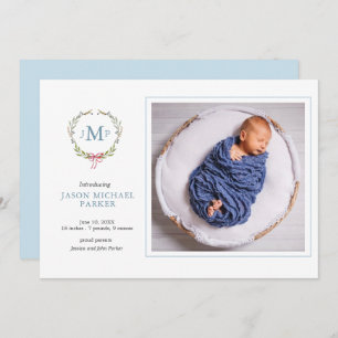 Faire-part Photo bébé Verdure monogrammed