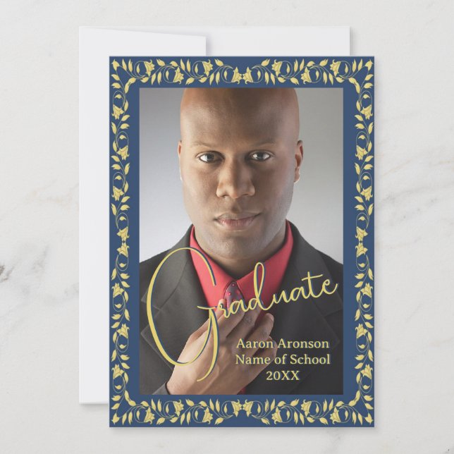 Faire-part photo Bleu et Gold Ivy (Devant)