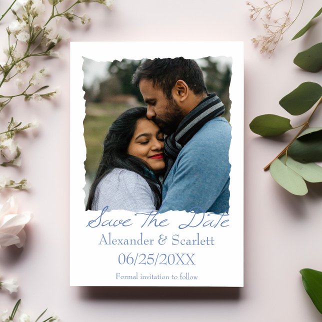 Faire-part Photo Bleu Jagged Frame Enregistrer La Date Annonc (Blue Jagged Frame Photo Save the Date)