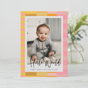 Faire-part Photo de bébé avec des rayures roses et jaunes mig