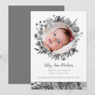 Faire-part Photo de bébé printemps moderne gris floral