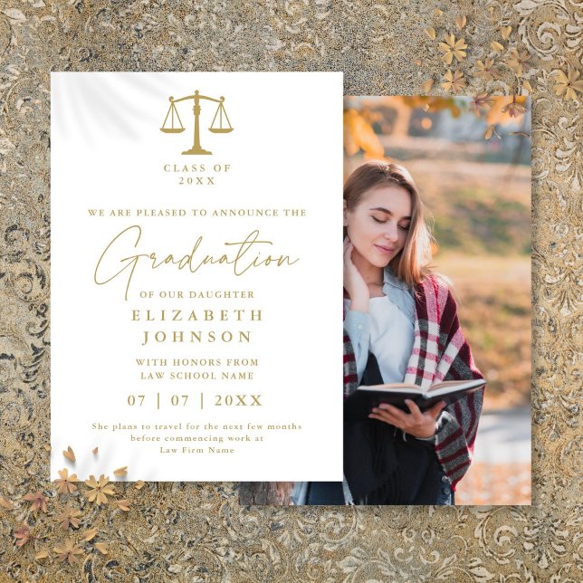 Faire-part photo de diplôme en droit blanc et or (White And Gold Law Graduation Photo Announcement)