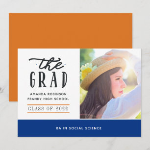 Faire-part photo de graduation bleu et orange