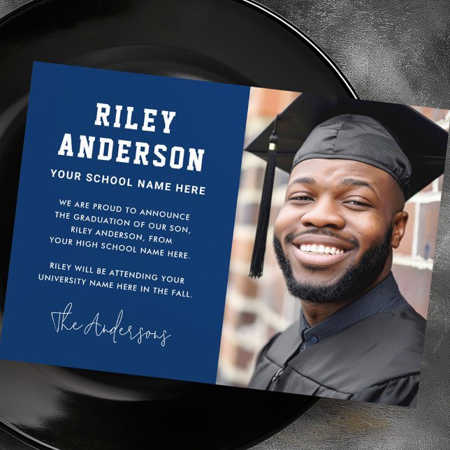 Faire-part Photo de graduation bleu foncé (Dark blue graduation photo announcement)