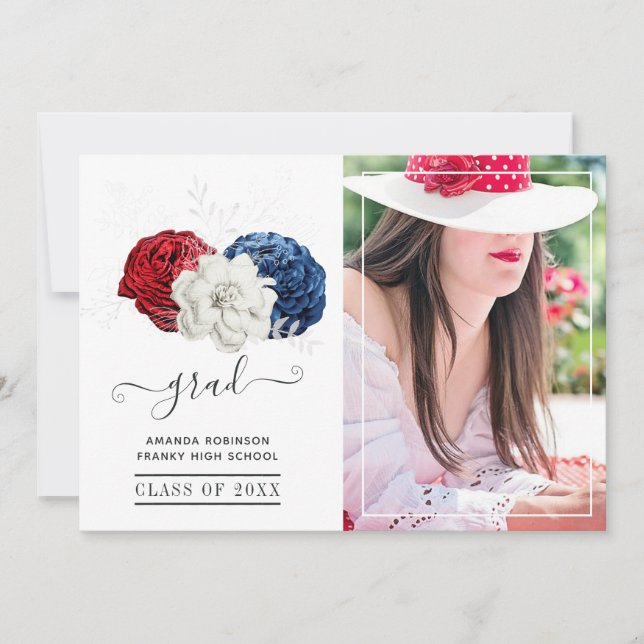 Faire-part Photo de graduation en fleurs rouge, blanc et bleu (Devant)