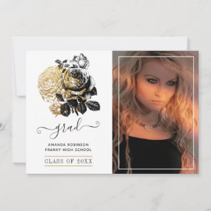 Faire-part Photo de graduation florale noire et or