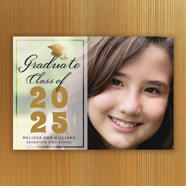 Faire-part Photo de Graduation moderne Gold Black Script 2025 (2025 Photo Graduation Announcement with Gold text)