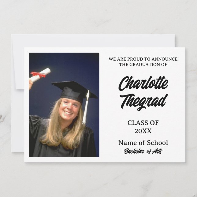 Faire-part photo de la graduation noir et blanc (Devant)