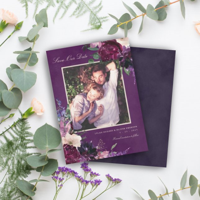 Faire-part Photo de mariage Fleur Florale Violet Aubergine Sa (Créateur téléchargé)