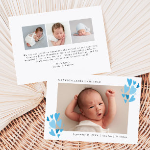 Faire-part Photo de naissance Cœurs Bleus Mignons