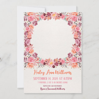 Faire-part Photo de nouveau-né de bébé fille au style floral
