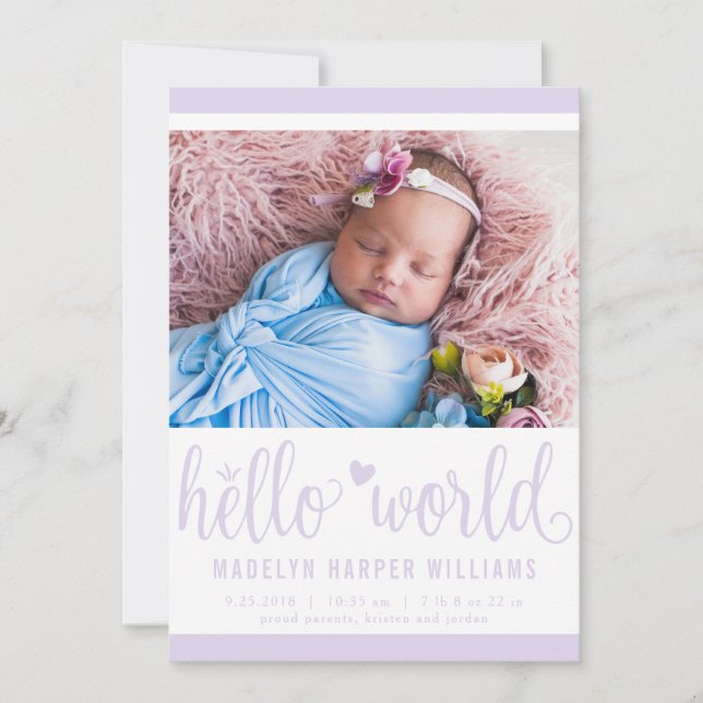 Faire-part Photo moderne Hello World Purple Birth Stat (Devant)