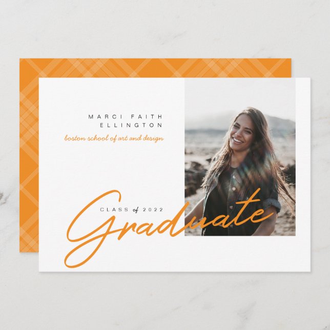 Faire-part Photo moderne Orange Diplômé (Devant / Derrière)