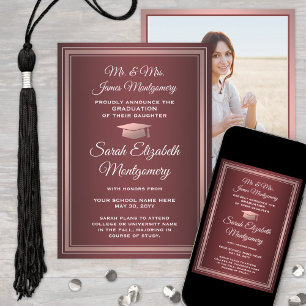 Faire-part Photo Parents Graduation Bourgogne Rouge & Rose