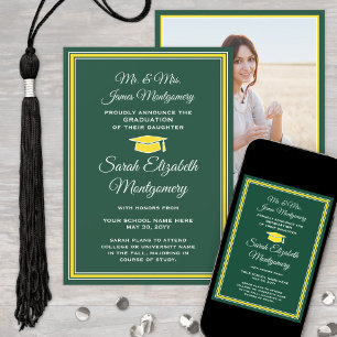 Faire-part Photo Parents Green & Gold Graduation Formelle