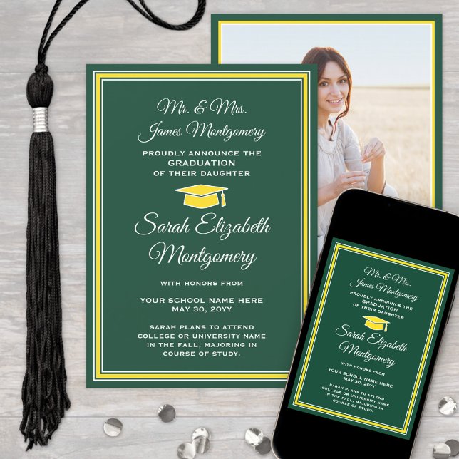 Faire-part Photo Parents Green & Gold Graduation Formelle (Créateur téléchargé)
