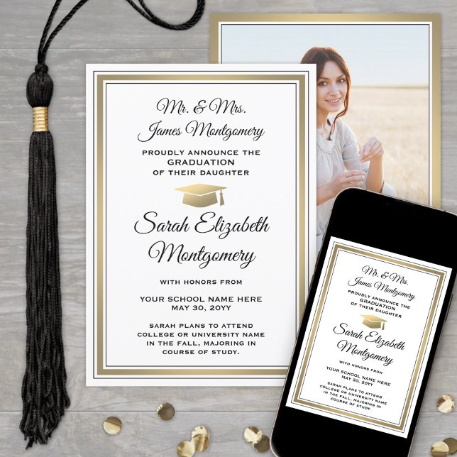 Faire-part Photo Parents White Black & Gold Graduation (Créateur téléchargé)