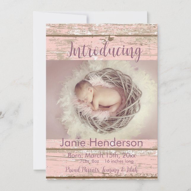 Faire-part photo personnalisée en bois rose (Devant)