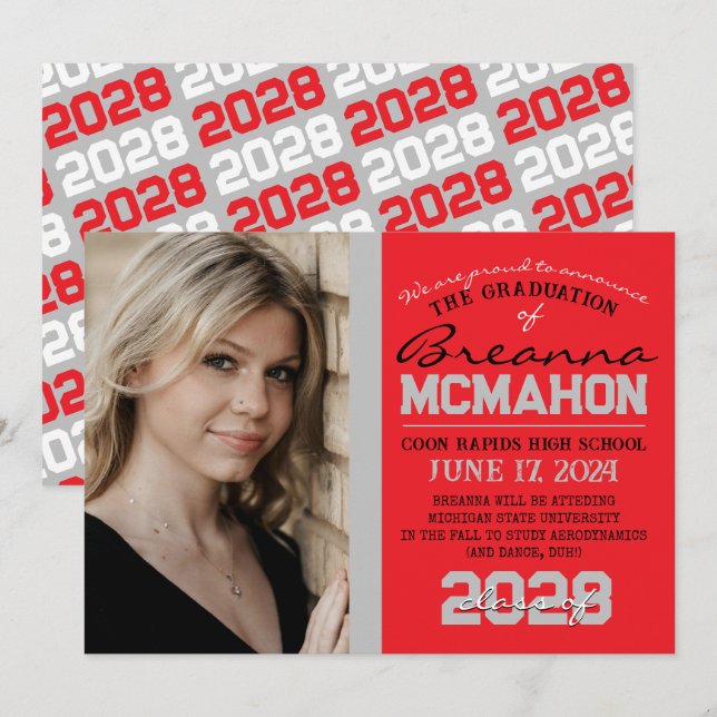 Faire-part photo Red & Silver Graduation (Devant / Derrière)