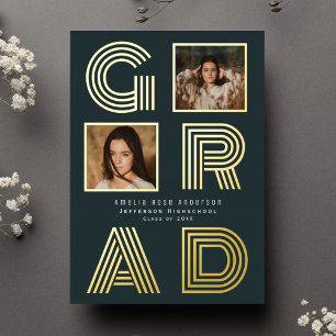 Faire-part photo Retro Blue Foil Graduation