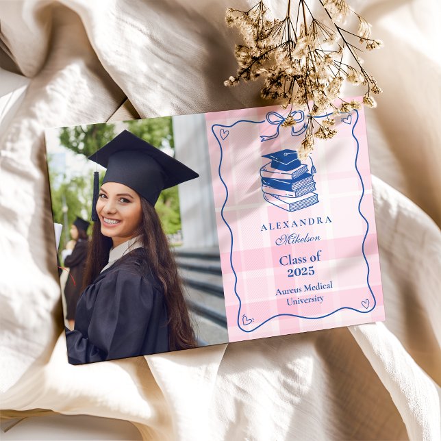 Faire-part Photo Retro Hand Drawn Pink and Blue Graduation (Créateur téléchargé)