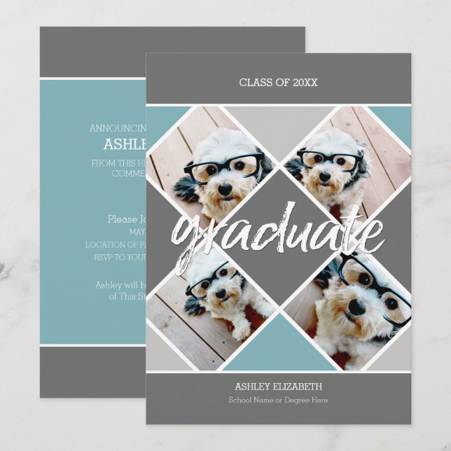 Faire-part photo tendance gris bleu Graduation (Devant / Derrière)