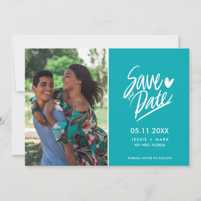 Faire-part Photo Turquoise simple Mariage moderne Enregistrer (Devant)