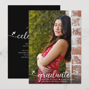 Faire-part Photographie de graduation noire Coeurs de calligr