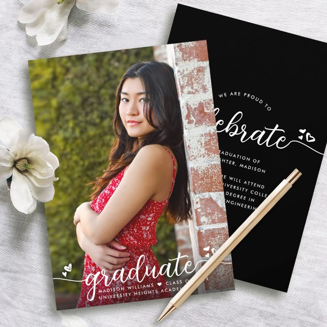 Faire-part Photographie de graduation noire Coeurs de calligr (Créateur téléchargé)
