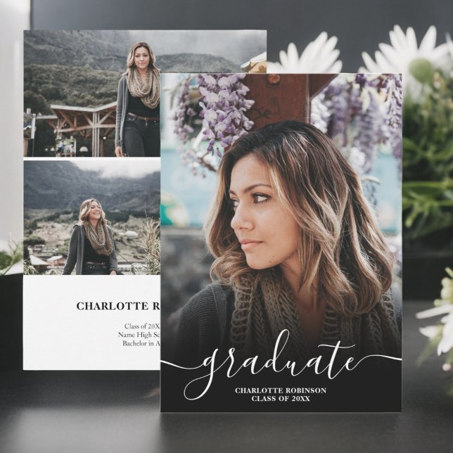 Faire-part Photographie noir et blanc de l'écriture de diplôm (Black and white graduate script photos graduation announcement)