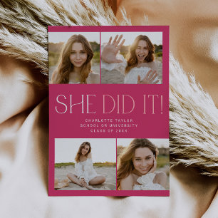 Faire-part Pied moderne Hot Rose Elle L'A Fait Diplôme Phot