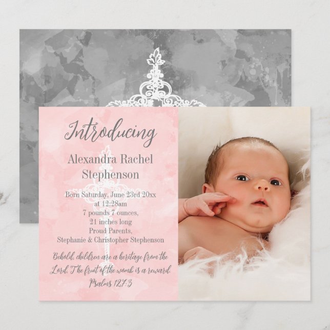 Faire-part Pink Bible Verse Croix Baby Girl Photo Naissance (Devant / Derrière)