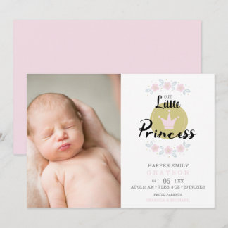 Faire-part Pink Floral Garland Princess Crown Newborn Girl