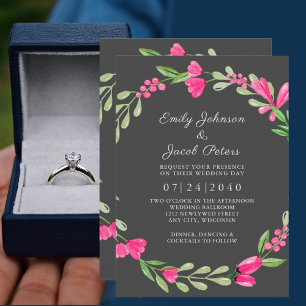 Faire-part Pink Floral Greenery Dark Grey Elegant Wedding