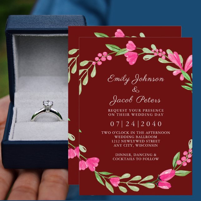 Faire-part Pink Floral Greenery Dark Red Elegant Wedding (Créateur téléchargé)