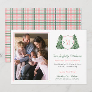 Faire-part Pink Green Monogramme Joyeux Nouvel An Bébé fille 