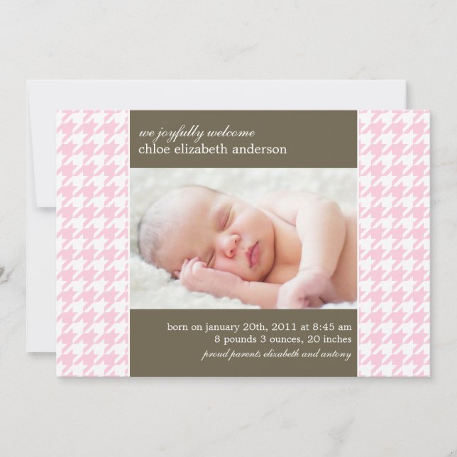 Faire-part Pink Houndstooth Photo Baby Birth Annonces (Devant)