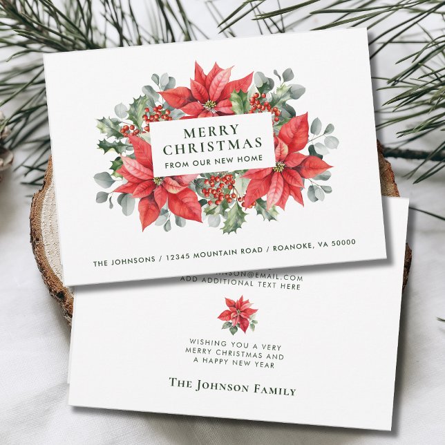 Faire-part Poinsettias Joyeux Noël de New Home (Red Poinsettias Merry Christmas from Our New Home Holiday Moving Announcement with Envelope)